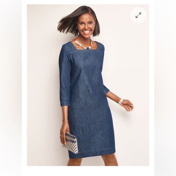 Talbots Flattering Lightweight Denim Blue Sheath Dress Square Neck 3/4 Sleeves - Picture 1 of 12